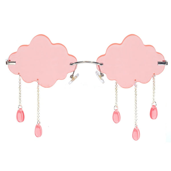 Rear view of pink cloud-shaped sunglasses with dangling pink teardrop charms