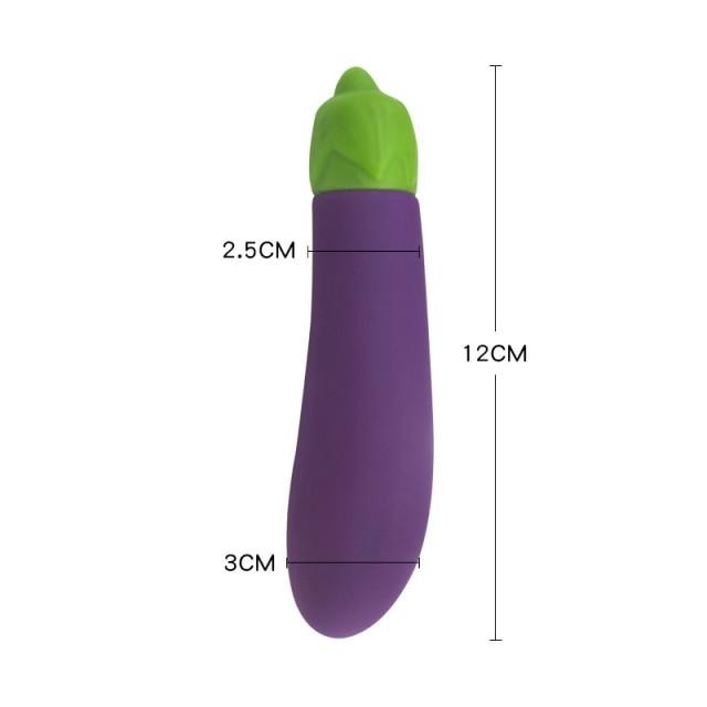 Purple eggplant-shaped vibrator with green leafy top and 12 cm height marking