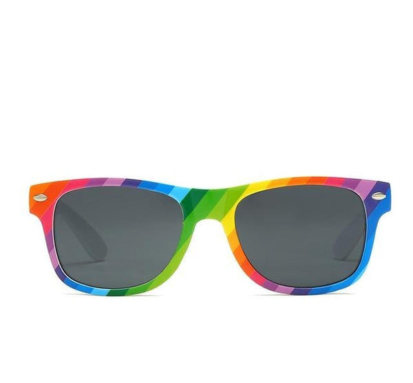 Front view of rainbow-striped gay pride sunglasses with dark lenses