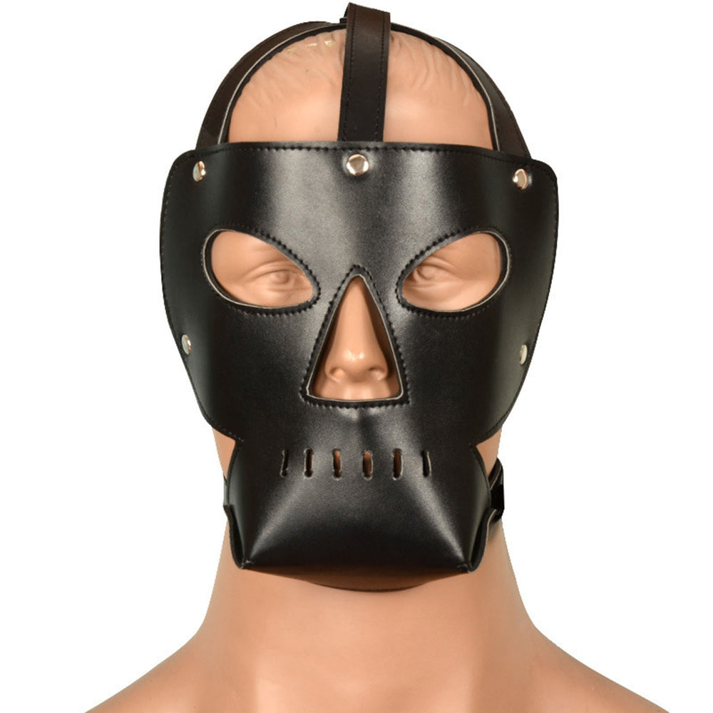 Front-facing mannequin wearing a black faux-leather BDSM hood with eye and nose openings