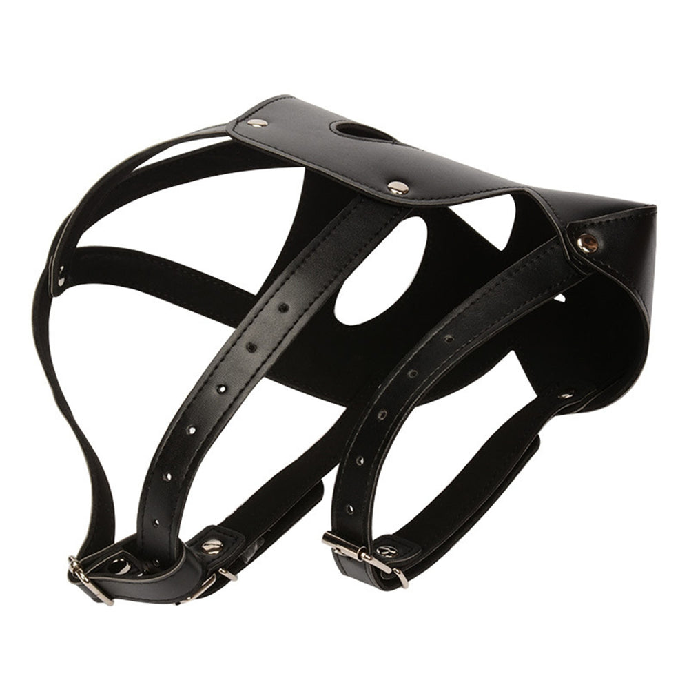 Black leather BDSM hood shown at an angle with straps, buckles, and eye openings