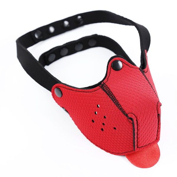 Red and black dog-style BDSM mask with a protruding red tongue, shown at an angle