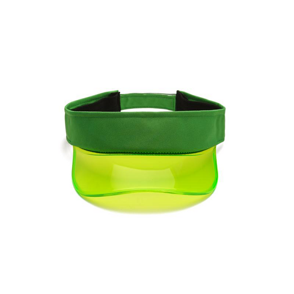 Front view of a neon green visor with a transparent yellow-green curved brim
