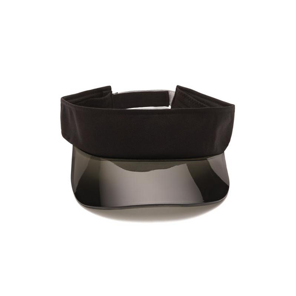 Front-facing black visor with a wide band and dark transparent curved brim