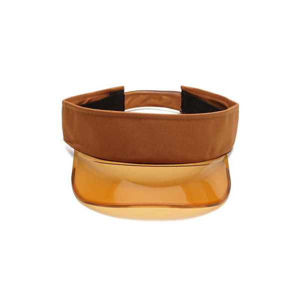 Front-facing brown sun visor with a wide fabric band and amber transparent brim