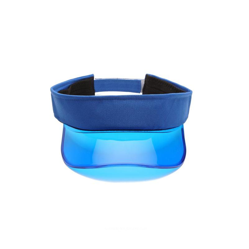 Front-facing blue transparent sun visor with a wide fabric band and curved clear shield