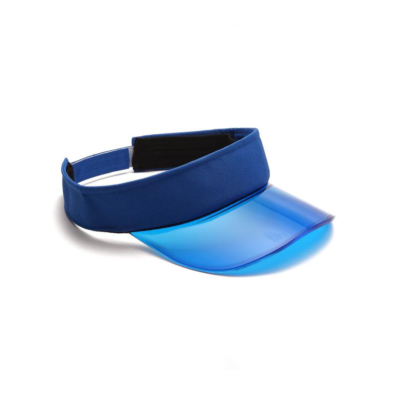 Blue transparent sun visor shown at an angled side view on a white background