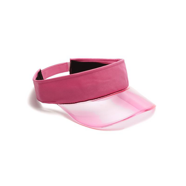 Hot pink visor with a translucent curved brim, shown from a front three-quarter angle