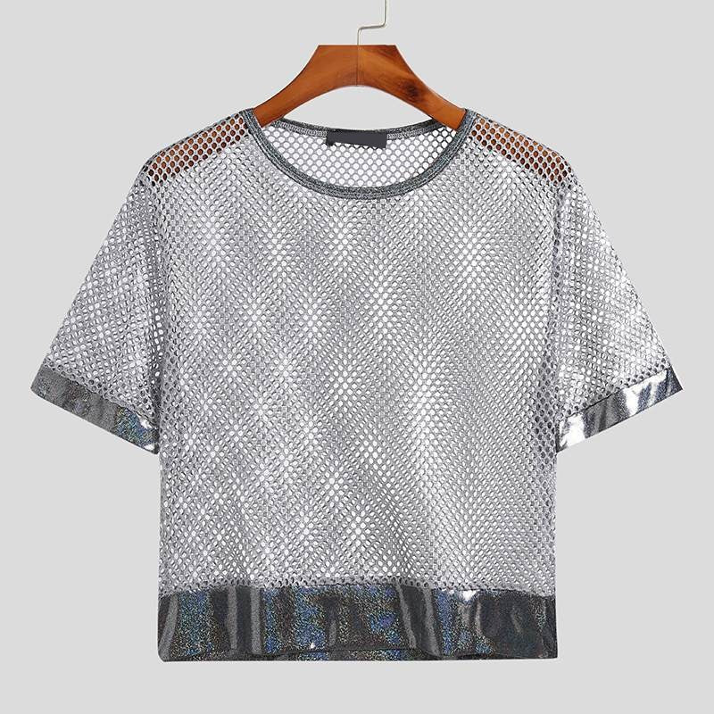 Front view of a silver mesh short-sleeve crop top on a wooden hanger