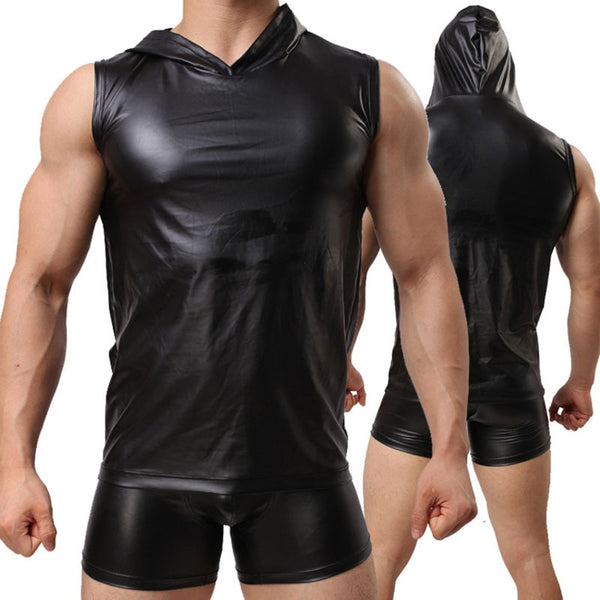 Front and back views of a person wearing a black leather-look hooded tank top and shorts