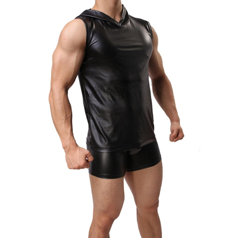 Leather Mens Tank Top With Hood + Sexy Shorts – Queer In The World: The Shop