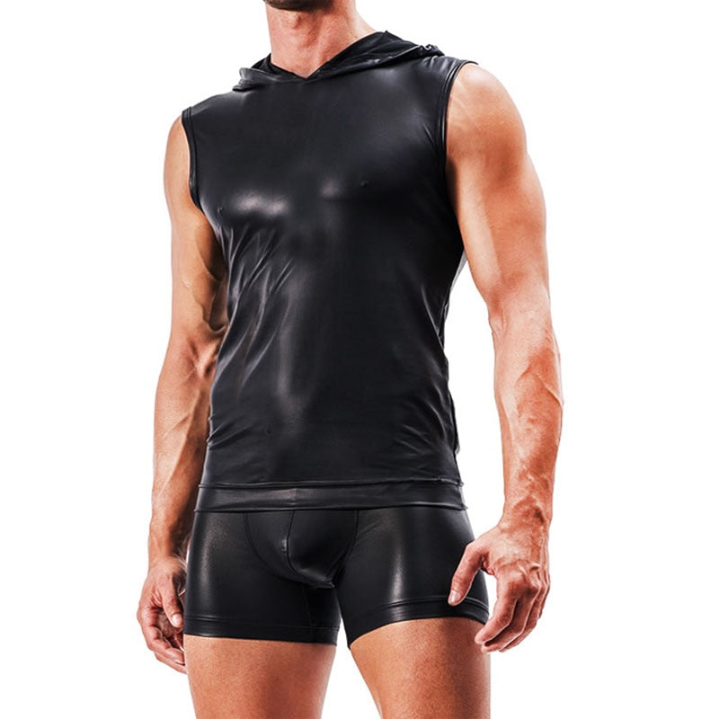 Leather Mens Tank Top With Hood + Sexy Shorts – Queer In The World: The Shop