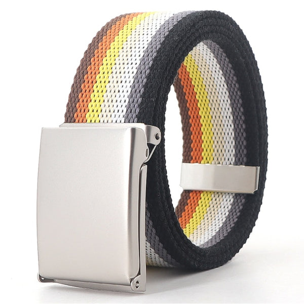 Rolled black canvas belt with bear pride flag stripes and a silver buckle