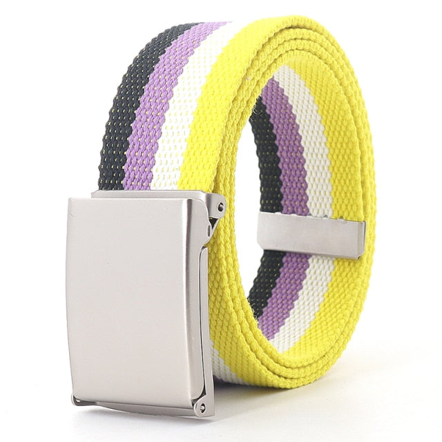 Rolled non-binary pride flag canvas belt with a silver rectangular buckle
