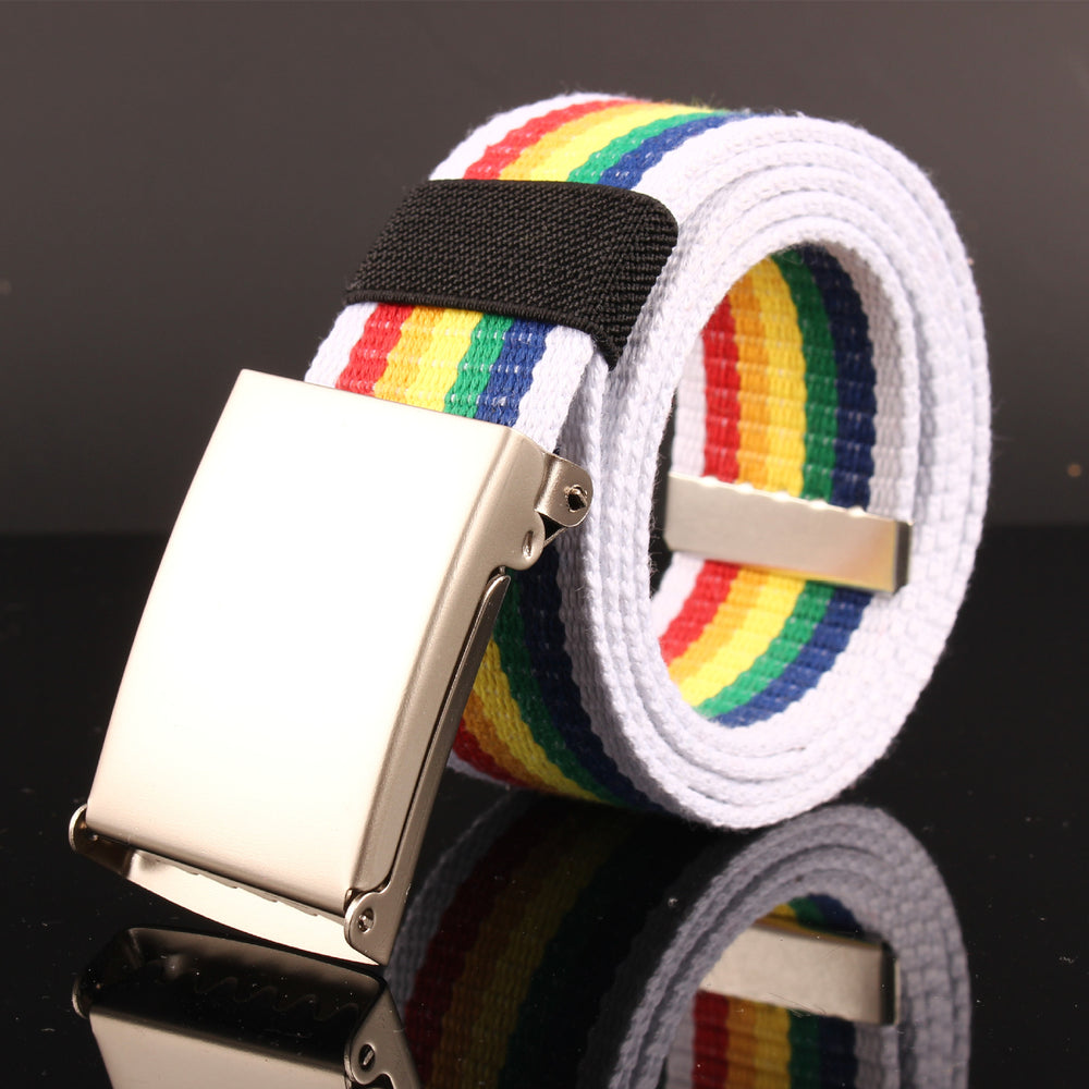 Rolled white canvas belt with rainbow stripes, black keeper, and silver buckle
