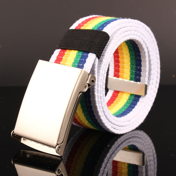 Rolled white canvas belt with rainbow stripes, black keeper, and silver buckle