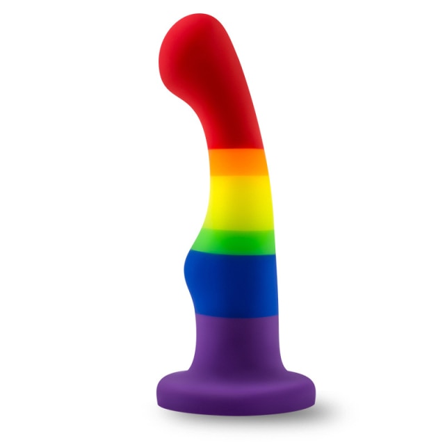 Rainbow-striped silicone dildo with a curved tip and wide purple base, shown upright