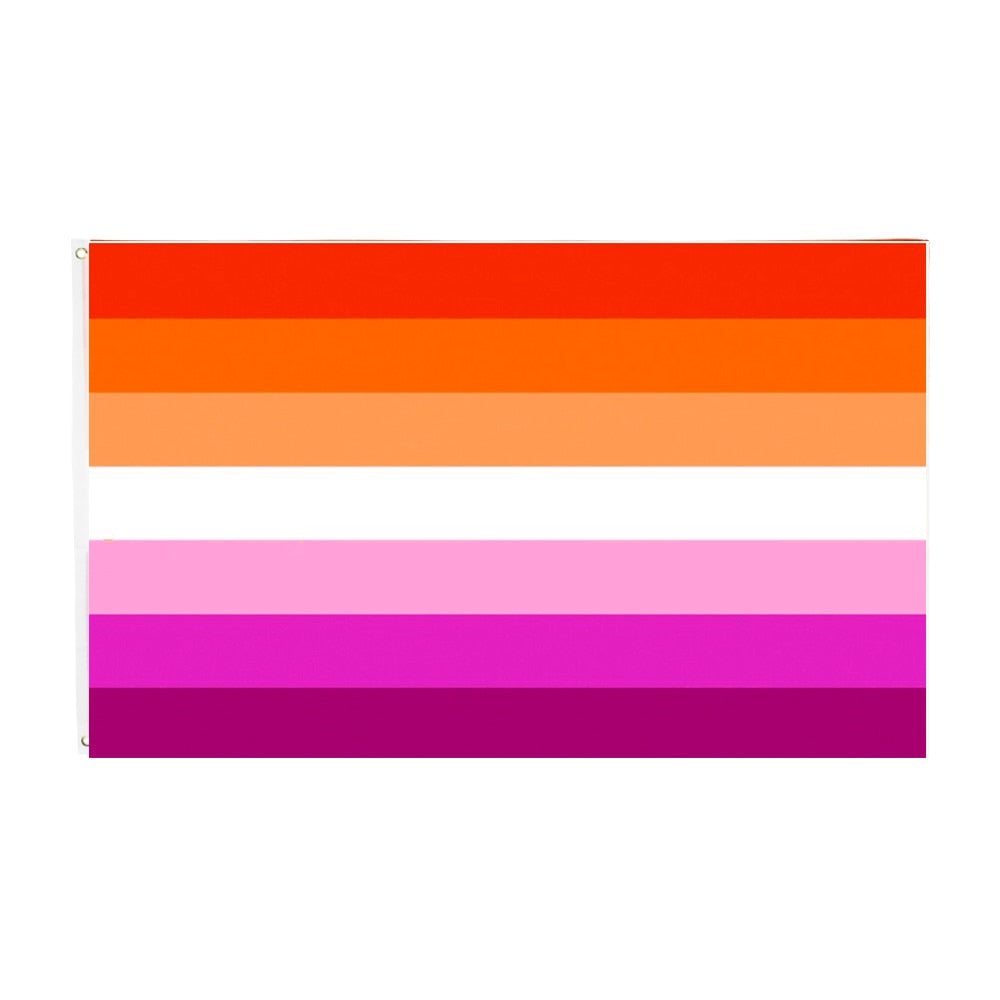 Modern lesbian pride flag shown straight on with seven horizontal stripes and two grommets