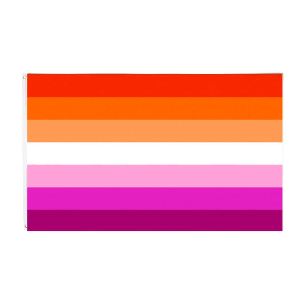 Modern lesbian pride flag shown straight on with seven horizontal stripes and two grommets