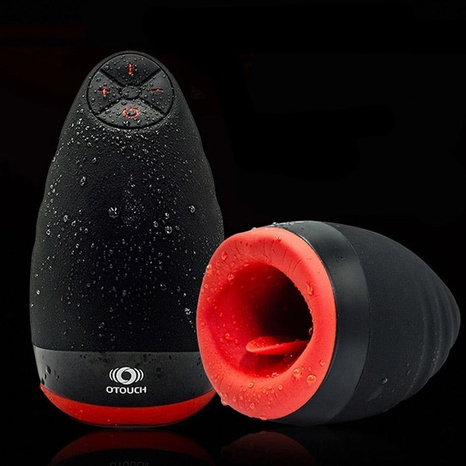 Two black-and-red blowjob masturbator cups, one upright and one lying open