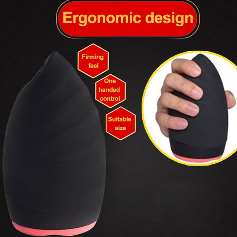 Black tapered masturbator cup with pink base, shown beside a hand gripping it