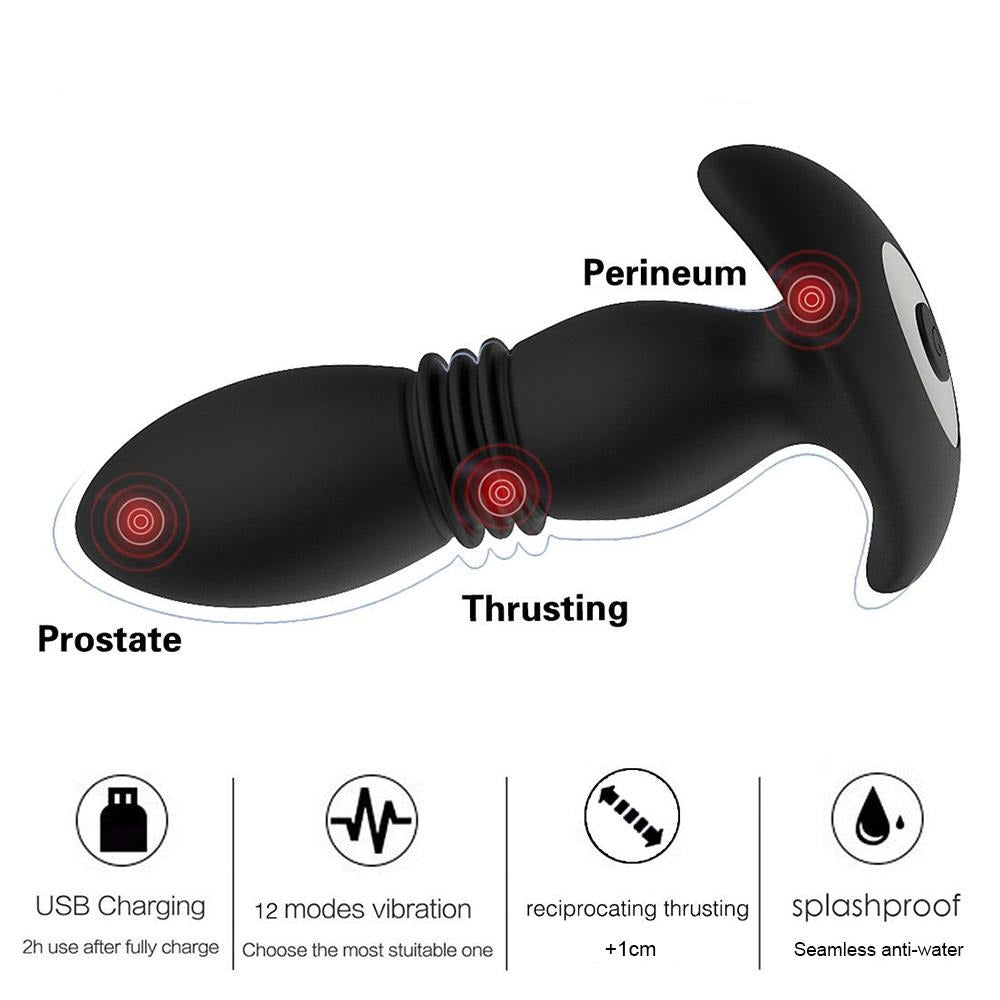 Black vibrating prostate massager diagram labeled perineum, prostate, and thrusting