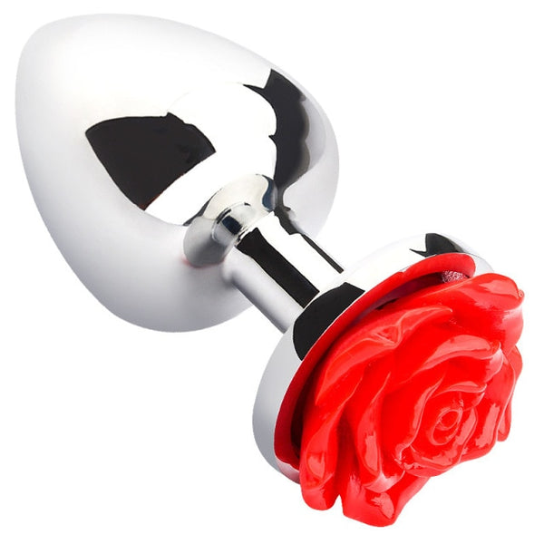 Silver metal butt plug with a large glossy red rose-shaped end