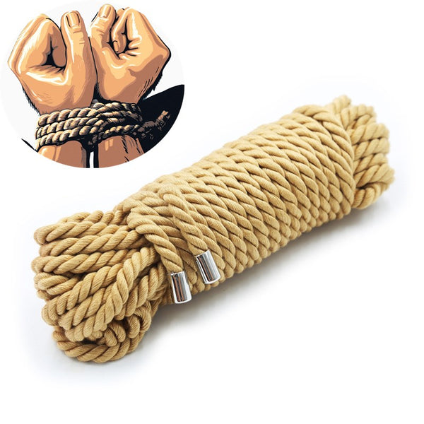 Coiled beige rope bondage kit with metal end caps beside an illustration of tied wrists