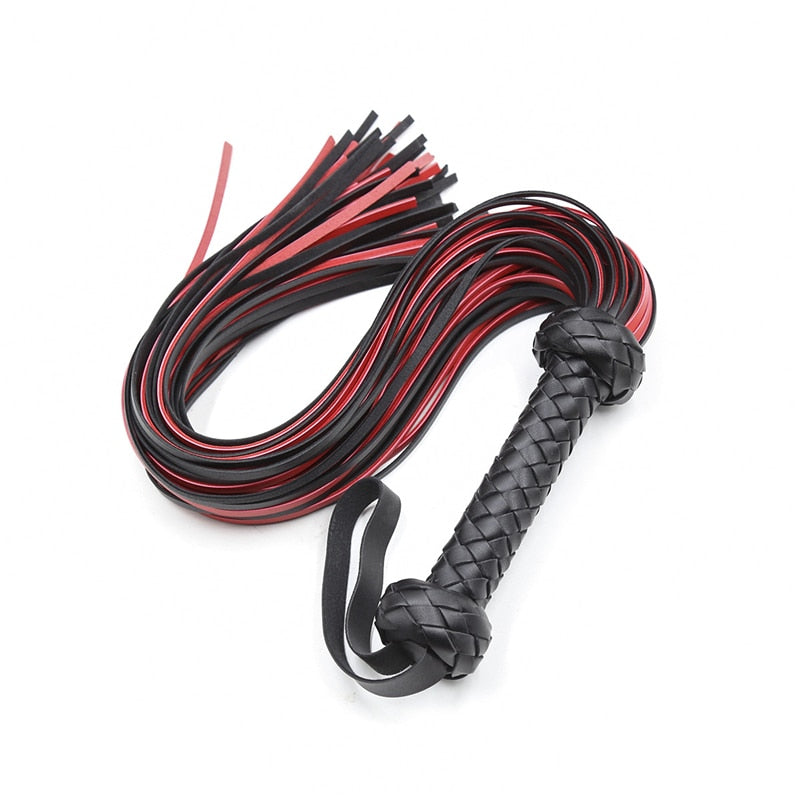 Black braided-handled whip with red-and-black strands arranged on a white background