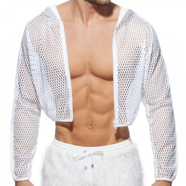 Front-facing model wearing a cropped white mesh zip hoodie over a bare torso