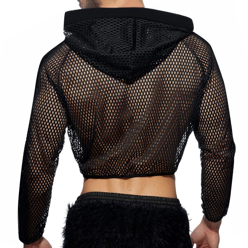 Back view of a model wearing a black cropped mesh hoodie with hood