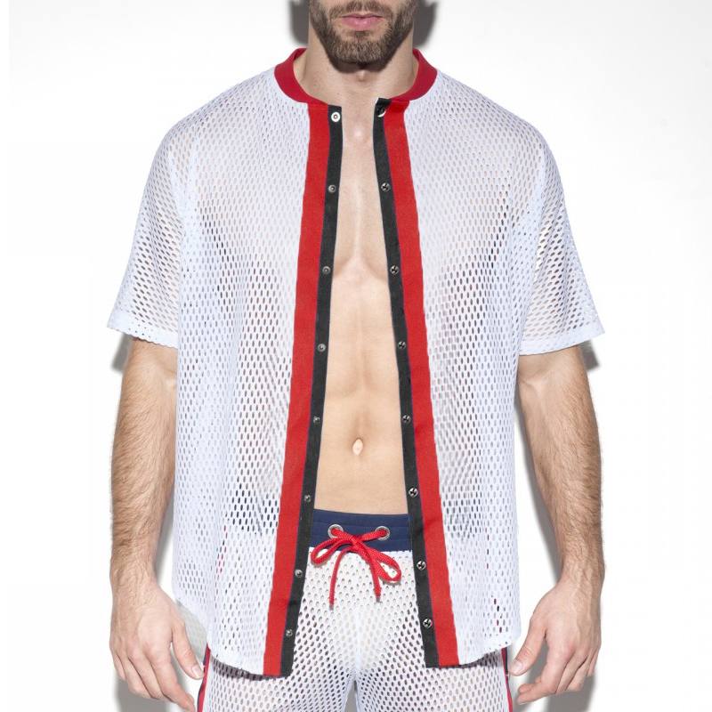 Front view of a model wearing an open white mesh shirt with red and black trim