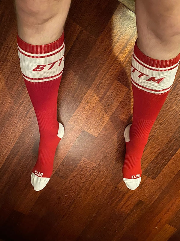 White-Red BTTM Gay Crew Socks by Queer In The World sold by Queer In The World: The Shop - LGBT Merch Fashion