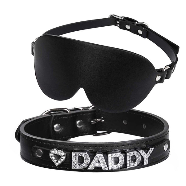 Black leather blindfold and matching collar with silver heart and “DADDY” lettering