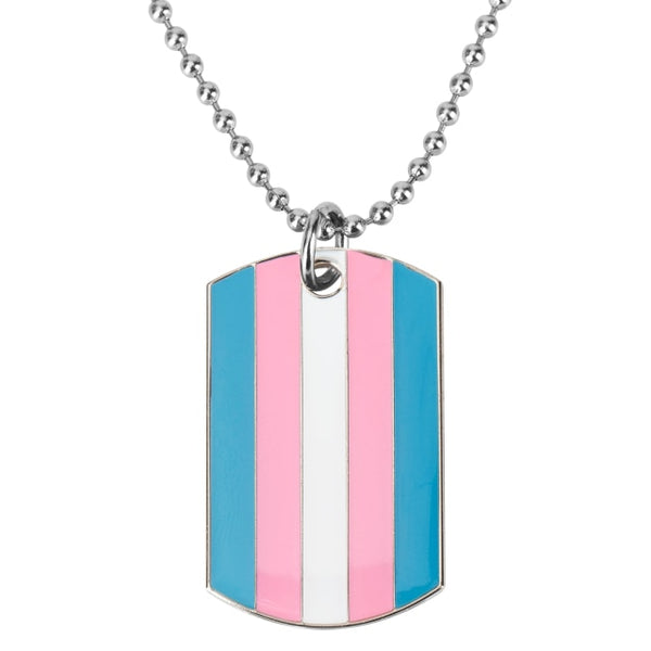 Close-up of a silver ball-chain necklace with a rectangular transgender pride flag pendant