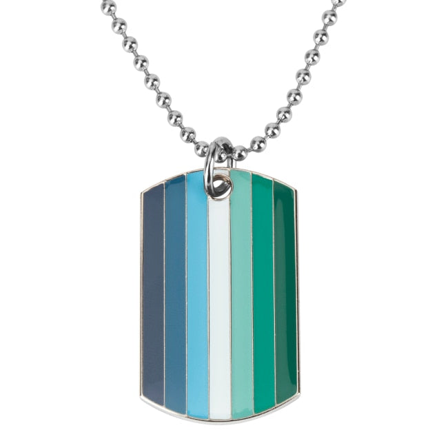 Silver ball-chain necklace with a striped blue, white, and green dog tag pendant