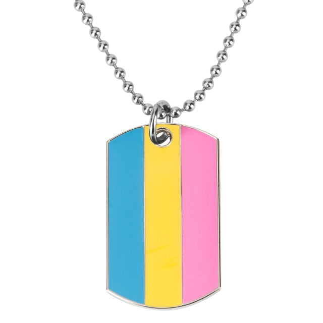 Silver ball-chain necklace with a rectangular blue, yellow, and pink striped tag pendant