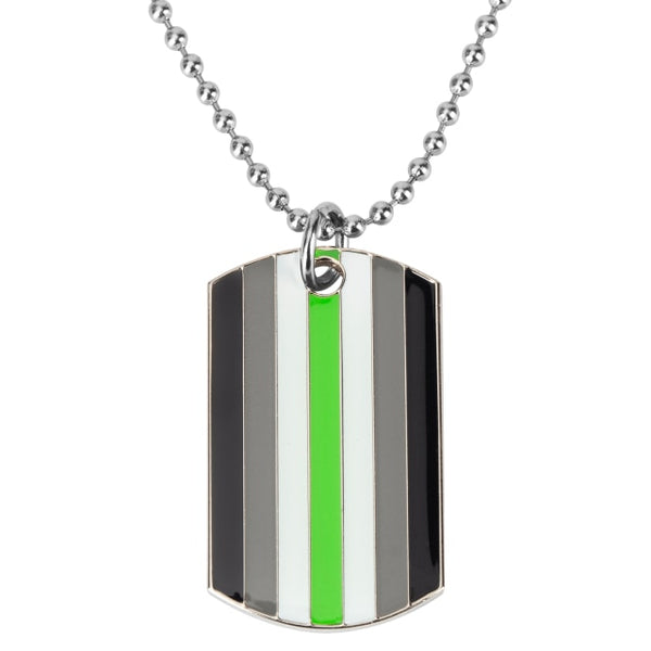Silver ball-chain necklace with a striped agender pride tag pendant