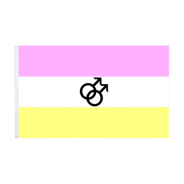 Rectangular twink pride flag with pink, white, and yellow stripes and black male symbols