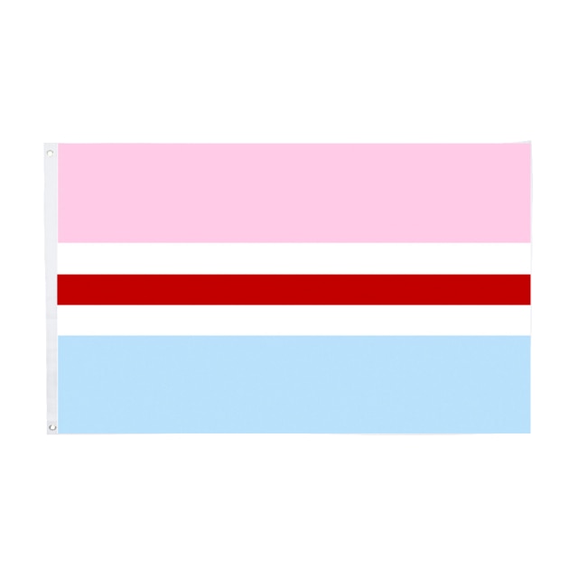 Rectangular flag with pink, white, red, white, and light blue horizontal stripes