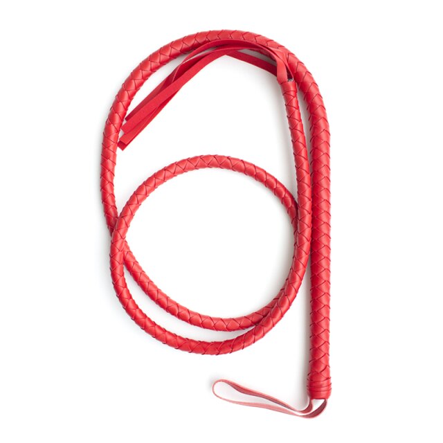 Red braided leather whip coiled on a white background, with a looped handle