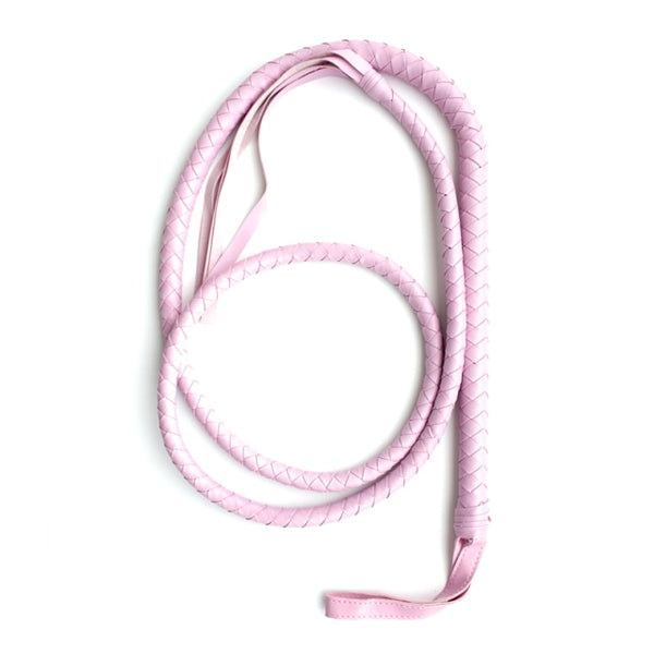 Coiled pale pink braided leather sex whip with a wrist loop on a white background