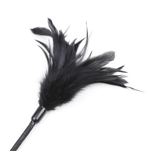 Close-up of a black feather flogger with two splayed feather heads on a handle