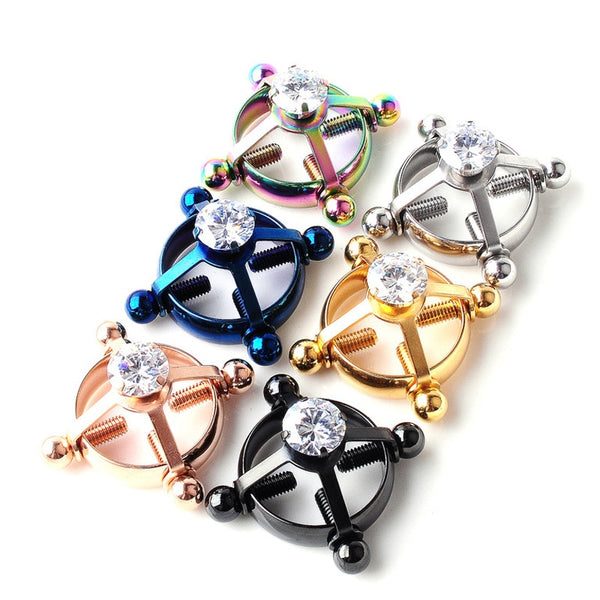 Six jeweled nipple clamps in rainbow, silver, blue, gold, rose-gold, and black finishes