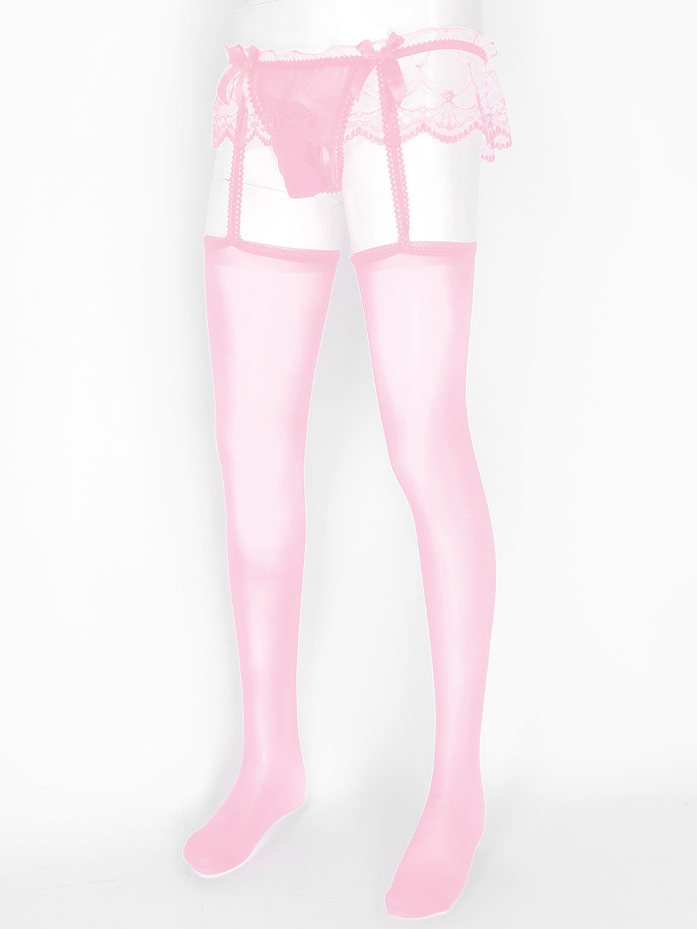 Front-facing pink lace garter belt with bows, pouch, and matching thigh-high stockings