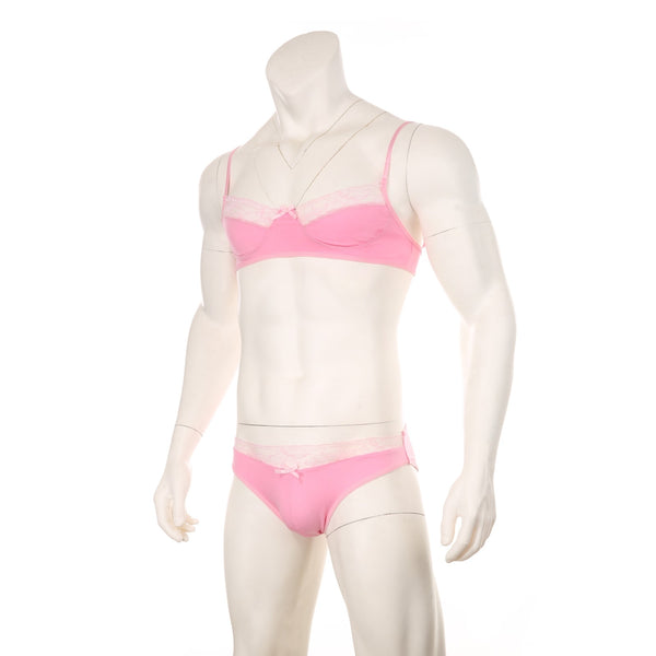 Front three-quarter view of a mannequin wearing a pink lace-trim bra and matching panties