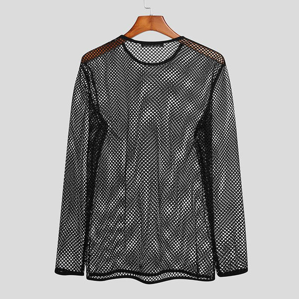 Front view of a black long-sleeve fishnet T-shirt hanging on a wooden hanger