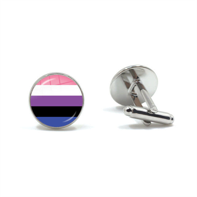 Pair of round genderfluid pride cufflinks, one showing pink, white, purple, black, and blue stripes