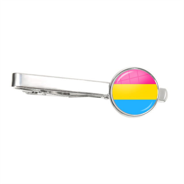 Silver tie clip with a round pink, yellow, and blue striped pansexual pride emblem