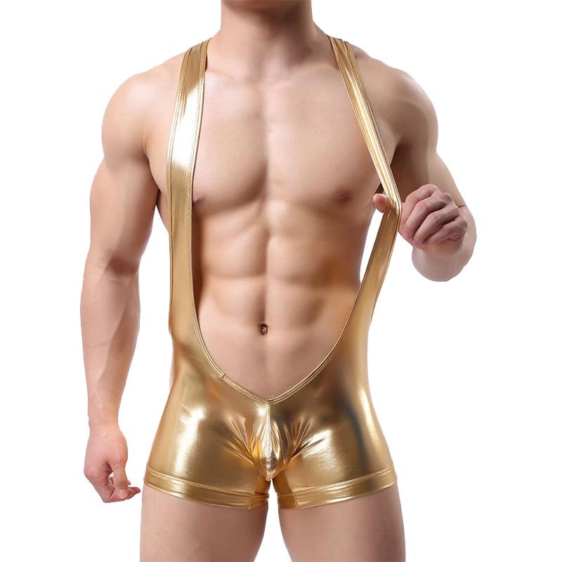 Model wearing a shiny gold faux-leather bodysuit with deep V neckline and shoulder straps
